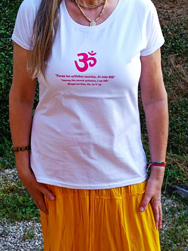 T-Shirt Femme, avec OM indien, en coton, blanc, Tailles M, L ou XL