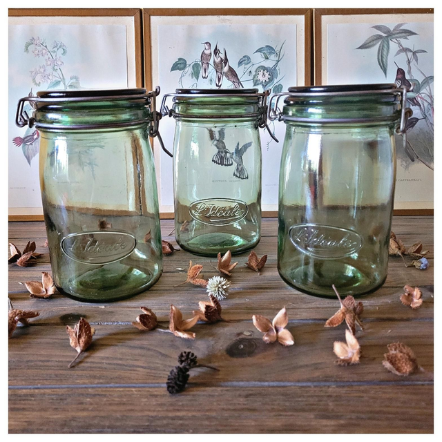 X Trio de bocaux vintage marque L'Idéale en verre vert 