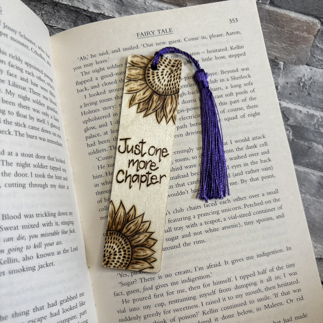 Just one more chapter sunflower design bookmark. Handburnt. Pyrography art 