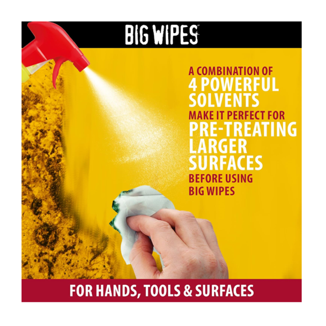 Big Wipes Power Spray 1L, spray de nettoyage spécialisé à action rapide pour les surfaces, les outils et les mains.