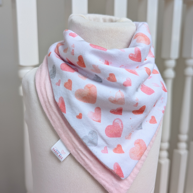 Pink &amp; Grey Hearts Drool Bib - Handmade &amp; Reversible