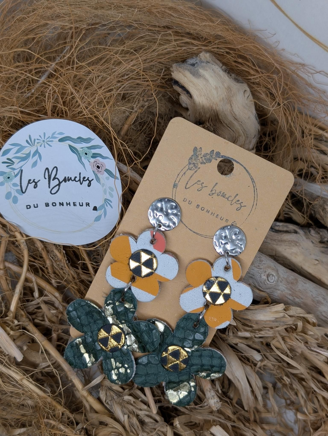 Boucles d&#039;oreilles Marguerite  kaki doré orange m1020