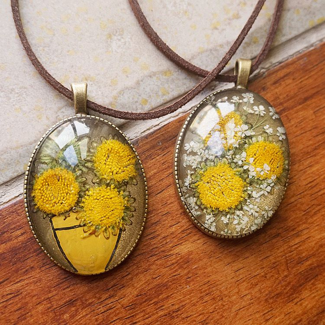 Sunflower Pendant with Leather Cord