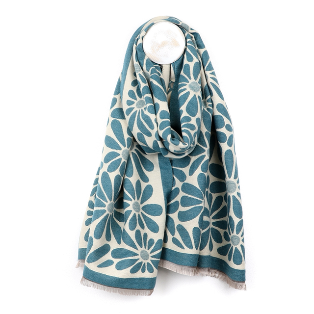 Dusky Teal Daisy Jaquard Scarf
