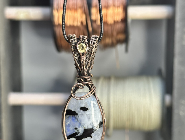 Rainbow moonstone pure copper wrapped pendant 