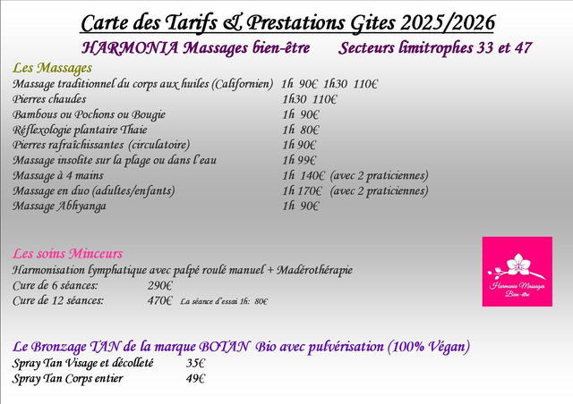 GITES TARIFS PRESTATIONS MASSAGES SECTEURS 33 ET 47