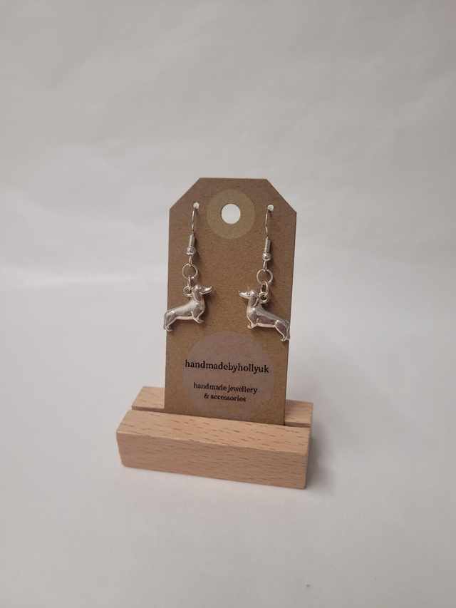 Dachshund Charm Drop Earrings - Silver Plated - HBH-025