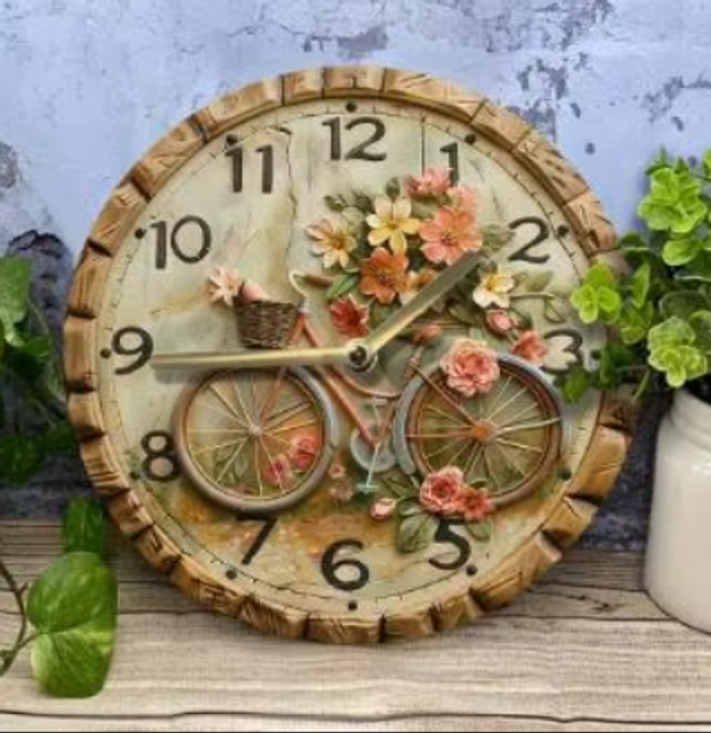 Vintage ronde wandklok van metaal - Bloemenfiets (20cm)