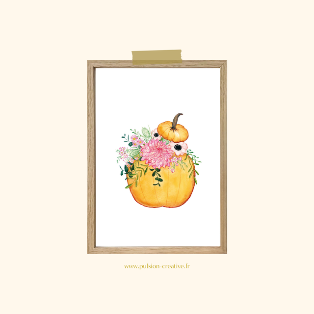Affiche aquarelle A4 - CITROUILLE FLEURIE