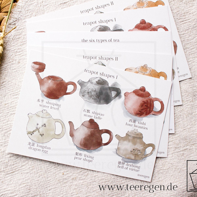 Teapot Shapes I - Set of 5 - Tea Culture On Postcards