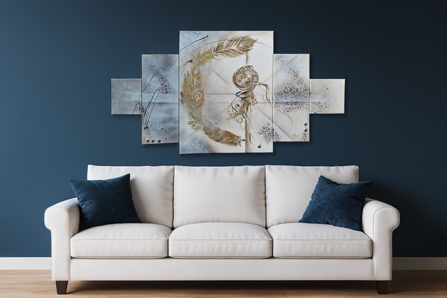 Tableau abstrait plume d'or