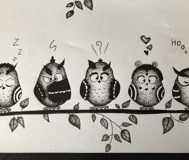 chouettes sur branche - 21 x 30 cm -  encadrement 