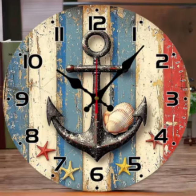 Ronde wandklok van hout Anker en Schelpen (25cm)