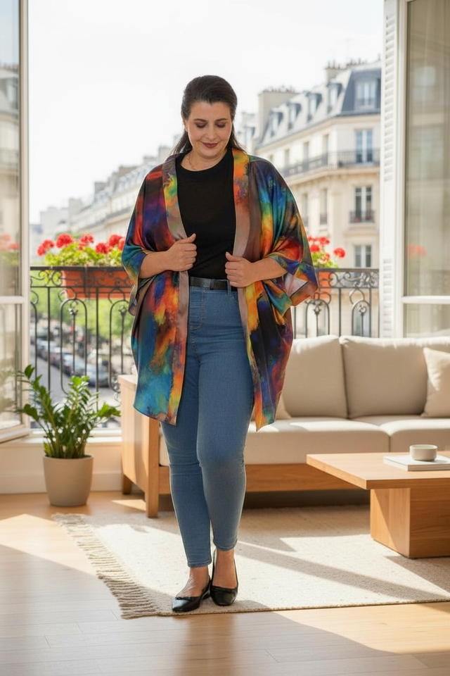 Kimono Cousu Soie en soie multicolore vibrante – Taille unique 44-56
