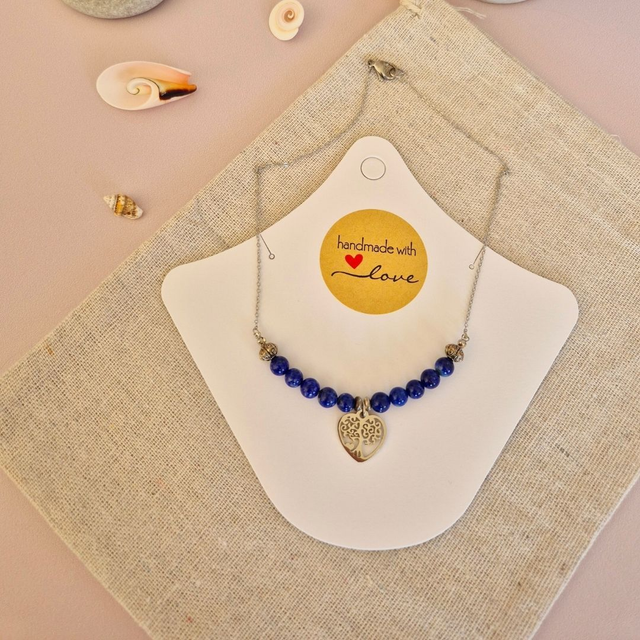 Collier KABOUL – Lapis Lazuli naturel & Arbre de Vie cœur
