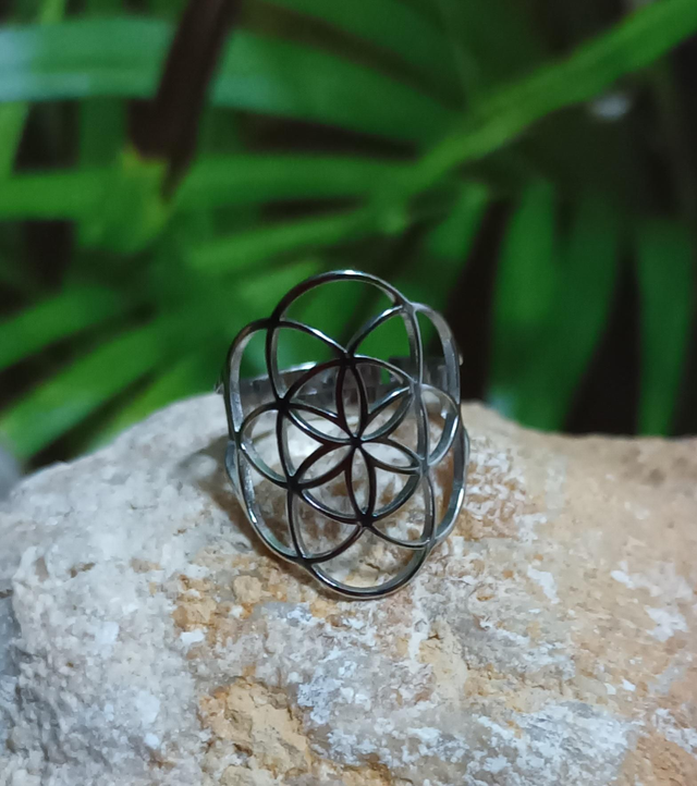 Bague ajustable fleur de vie argent en acier inoxydable