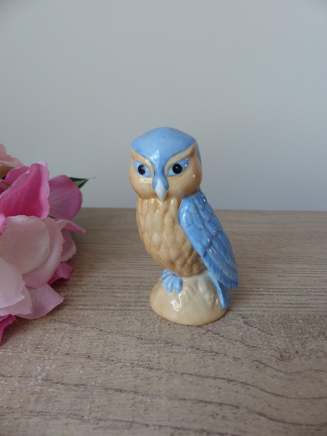 Figurine vintage chouette en porcelaine Franklin Mint – 1988 – Décoration beige et bleue fabriquée à Taïwan