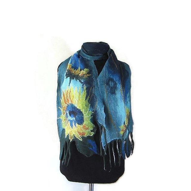 Sciarpa d&#039;arte lana merino seta infeltrita Sciarpa Blu turchese feltro fatto a mano Stola per donna ragazza