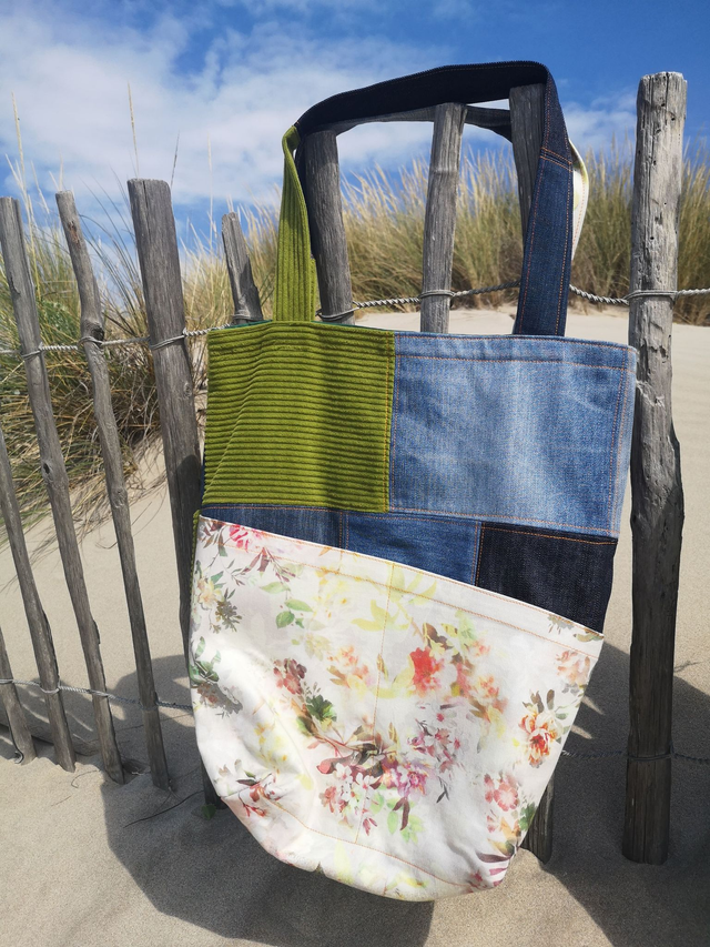 Grand Sac jean upcyclé Végétal  - Pièce Unique