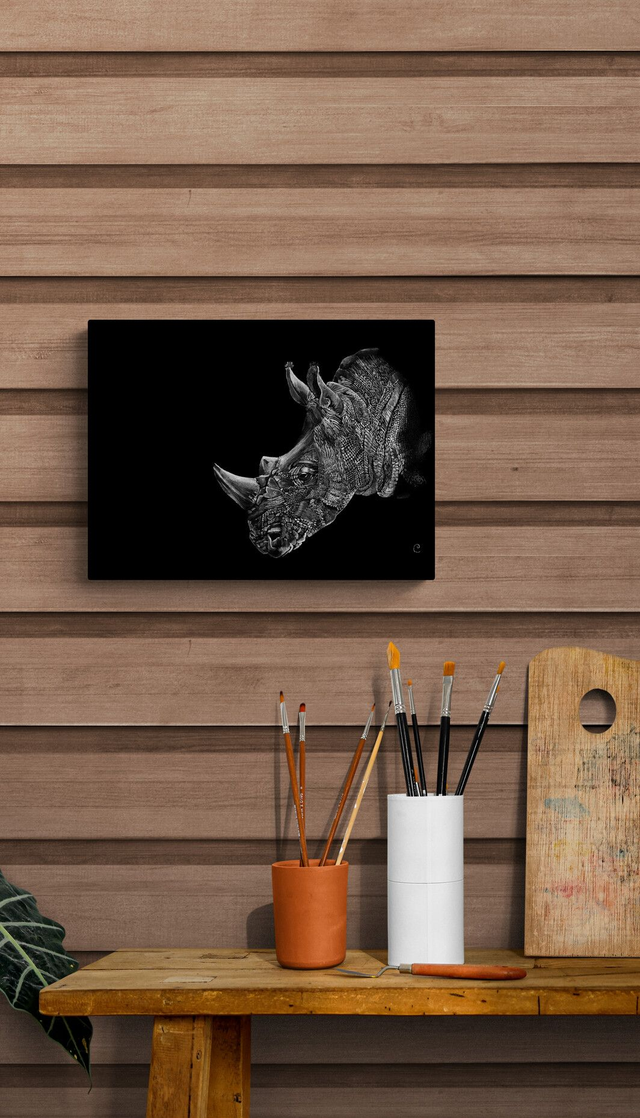 Reproduction Aquarelle Rhinocéros sur Alu - Tirage limité, numéroté et signé - 30x40cm