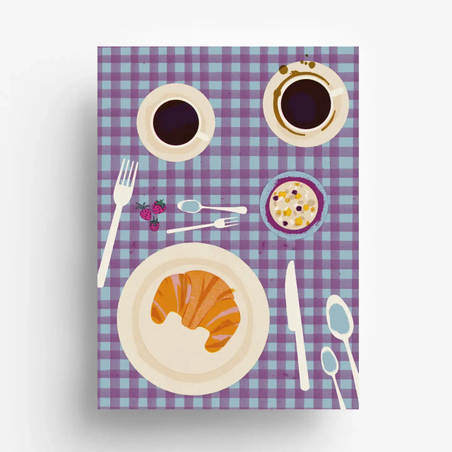 Ansichtkaart met koffie en ontbijt DIN A