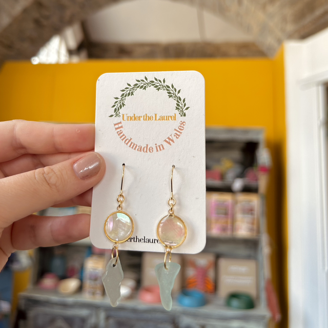 Pale Blue/Green Sea Glass Hook Earrings With Abalone Shell