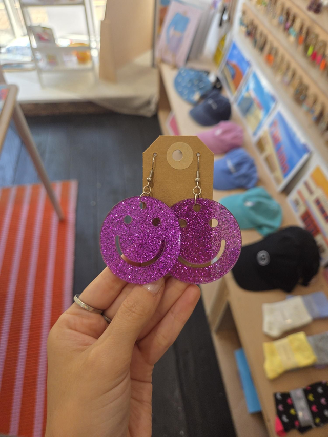 Large Purple Glitter Happy Face Acrylic Charm Drop Earrings - Silver Plated - HH-198