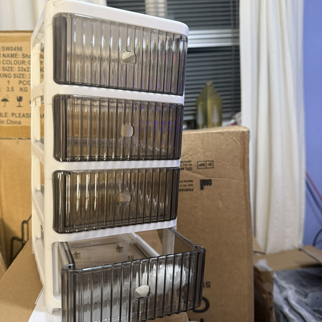 Prebuilt plastic shoe storage units with four drawers
