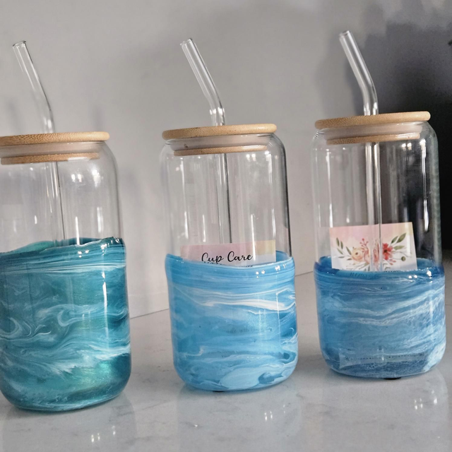 Handcrafted 16oz Glass Tumblers with Glass Straw – Unique Resin Wave Design (Set of 3 Colors)