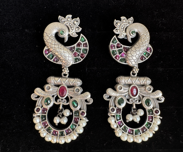 Oxidised Peacock long ear rings 