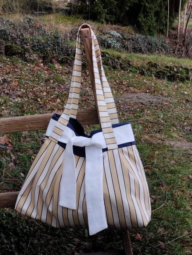 Fourre-tout toile rayée bayadère doublé grand ruban-foulard lin blanc
