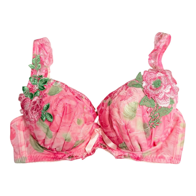 Pink + green floral appliqué embroidered lace Japanese Bra UK 32C  