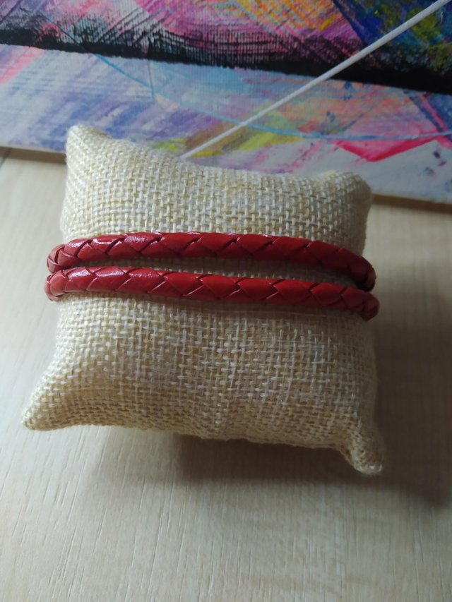 Bracelet double lanières cuir rouge 