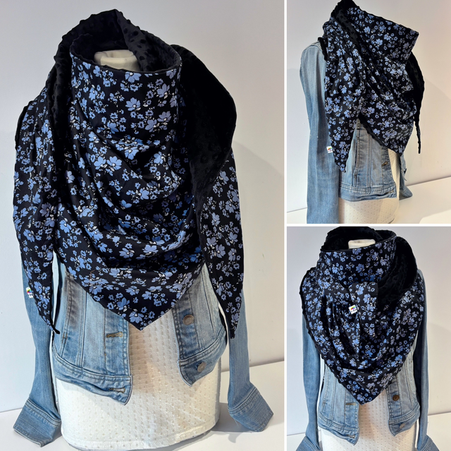 Maxi chèche, châle , écharpe noire et bleu doublée en polaire minky noire  « Happy Jane »