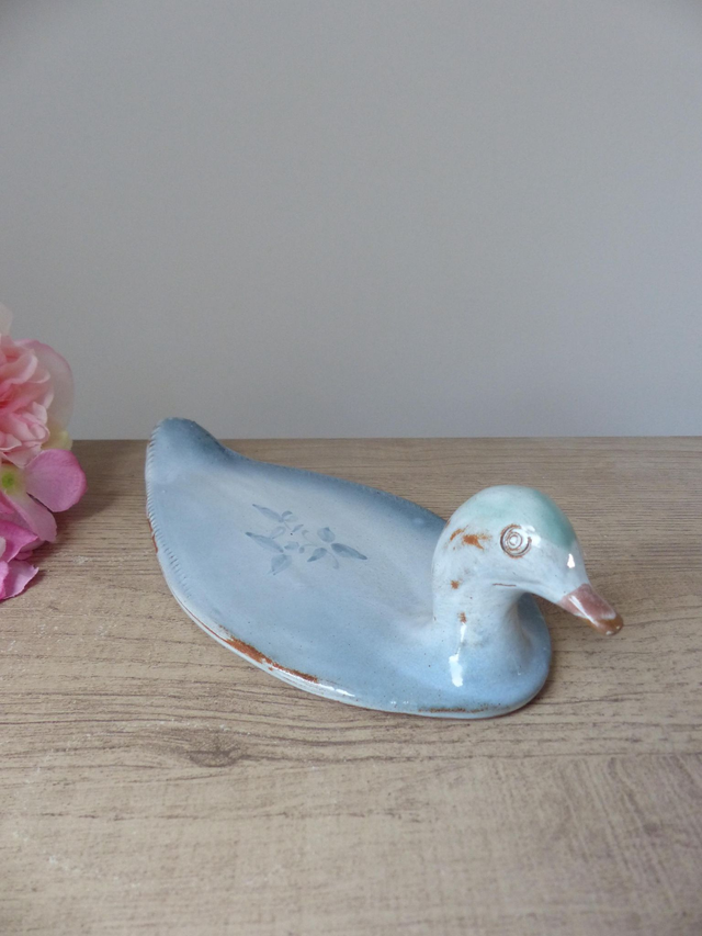 Plat de service foie gras en céramique artisanal français forme canard bleu, plat tête de canard poterie, plat canard décoration table fête