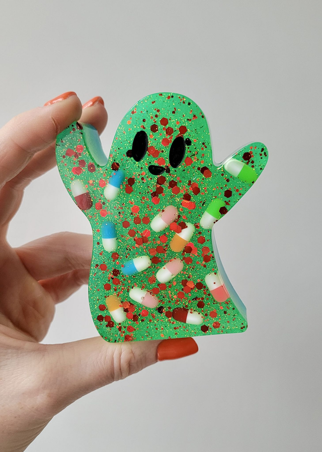 Ghost Ornament - Pilled Up - Green &amp; Blue Glitter Ghost wil Pills &amp; Red Glitter