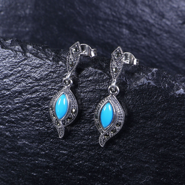 Sterling Silver 925 Art Deco Style Blue Marquise Cut Turquoise Colour Marcasite Navajo Feather Native American Design Drop Dangle Earrings