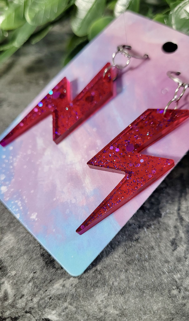 Earrings - Pink-Red Glitter Lightning Bolt Earrings | Stainless Steel Lever Back Hoops