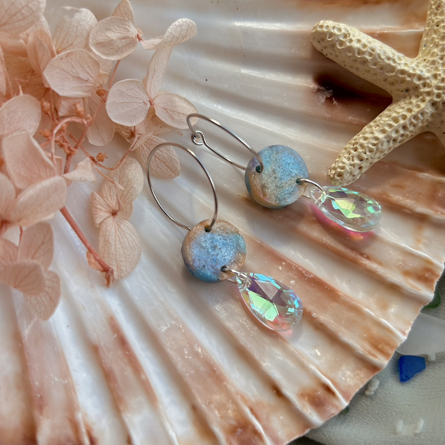 Circle Holographic Hoop Earrings With Glass Teardrop Charms Stainless Steel