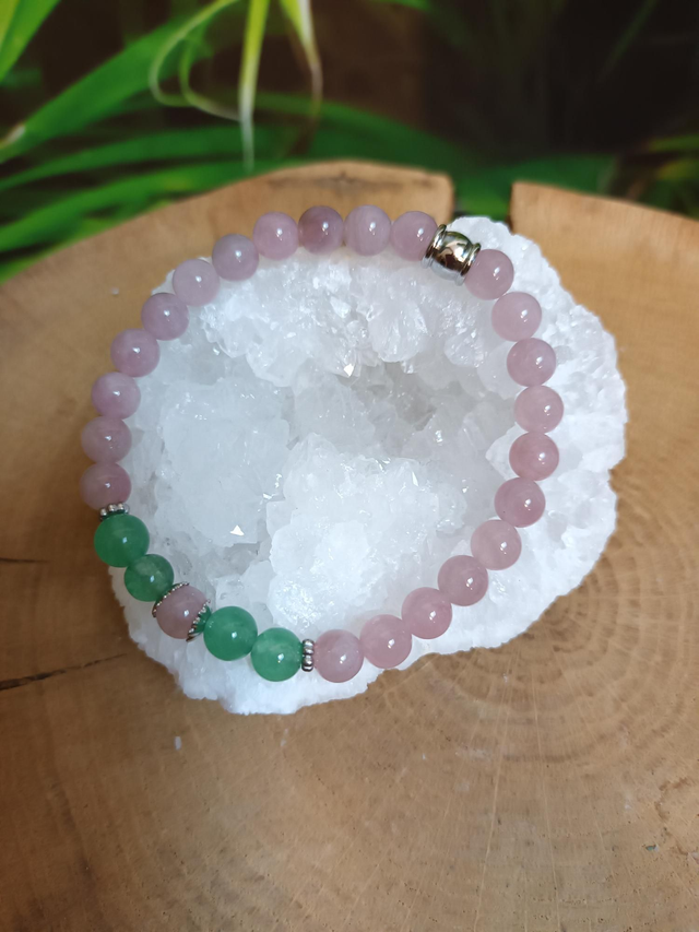Bracelet en quartz rose de Madagascar et aventurine verte