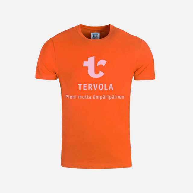 Tervola, pieni mutta ämpäripäinen T-paita (oranssi pinkillä painatuksella)