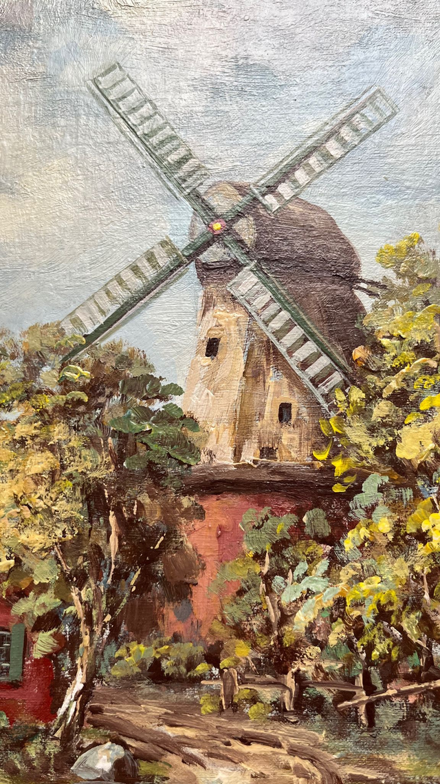 Ölgemälde auf Holz mit idyllisch gelegener Windmühle