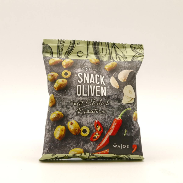 Snack Oliven Grün mit Chili & Kräutern 70g