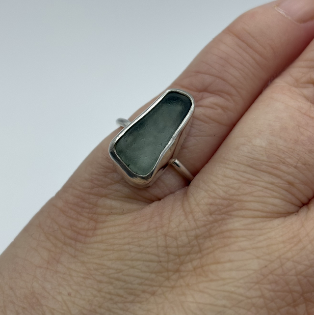 Grey Seaglass &amp; Recycled Silver Ring Size I