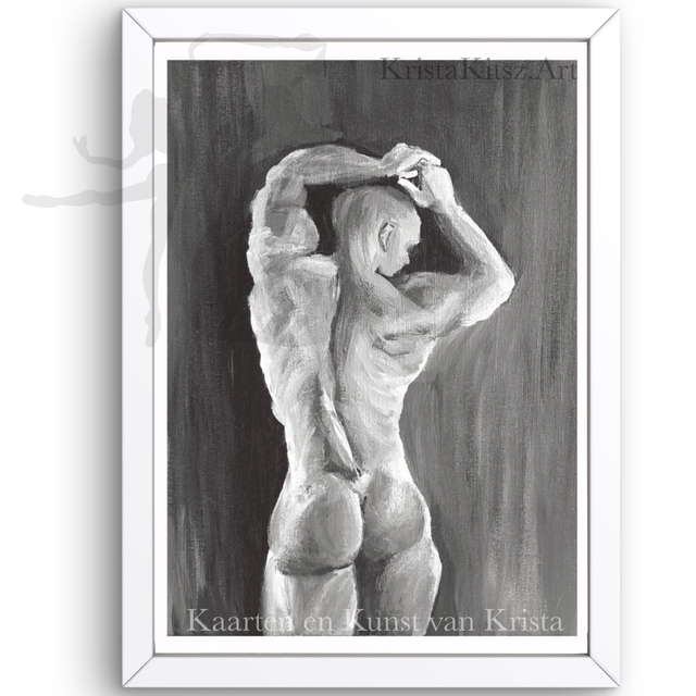 Mannelijk naakt rug en billen, prachtige kleine poster print grijstinten | schilderij Krista Kitsz 