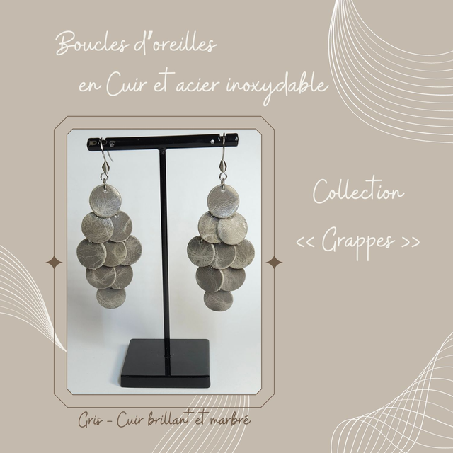 Boucles d&#039;oreilles Grappe en cuir - Gris