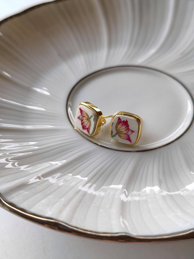 Boucles d&#039;oreilles carrées - faience - Sarreguemines - no.1