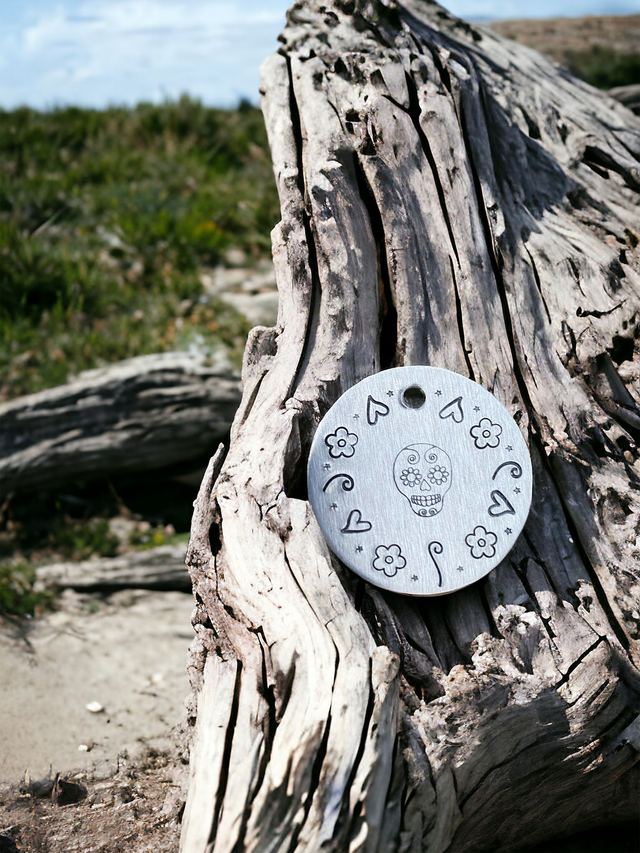 Sugar Skull themed handstamped personalised pet tag
