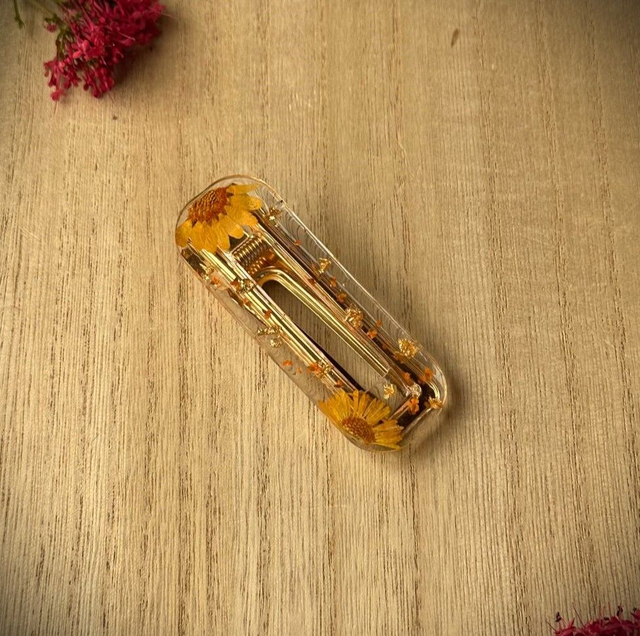 Barrette à cheveux - Jaune et or (rectangulaire)