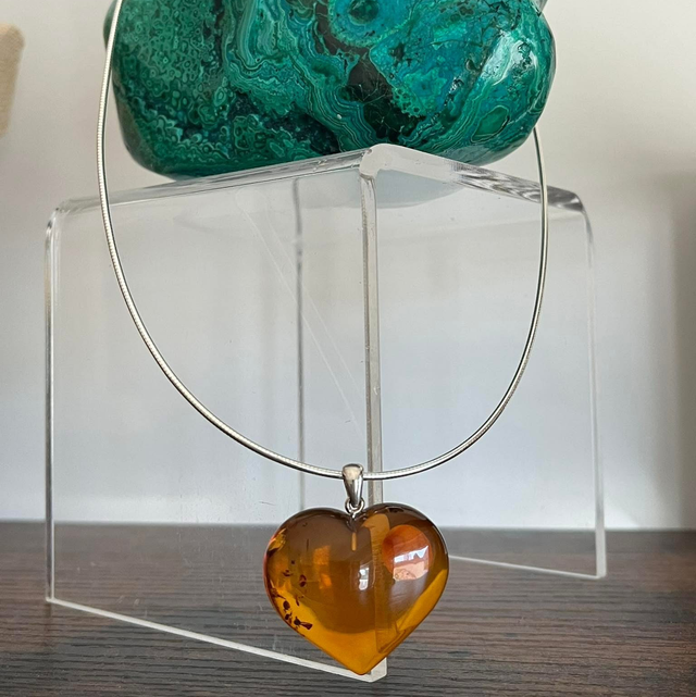 Pendentif Cœur en Ambre et collier argent 925 - 45 cm